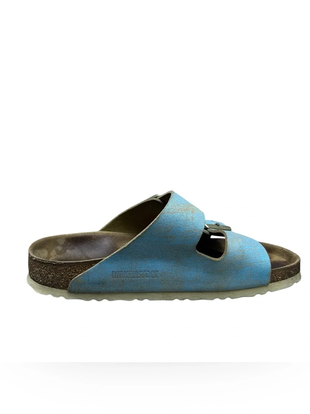 Birkenstock Womens Arizona Washed Metallic Aqua Suede Slides Sandals 38 EU/ 7 US